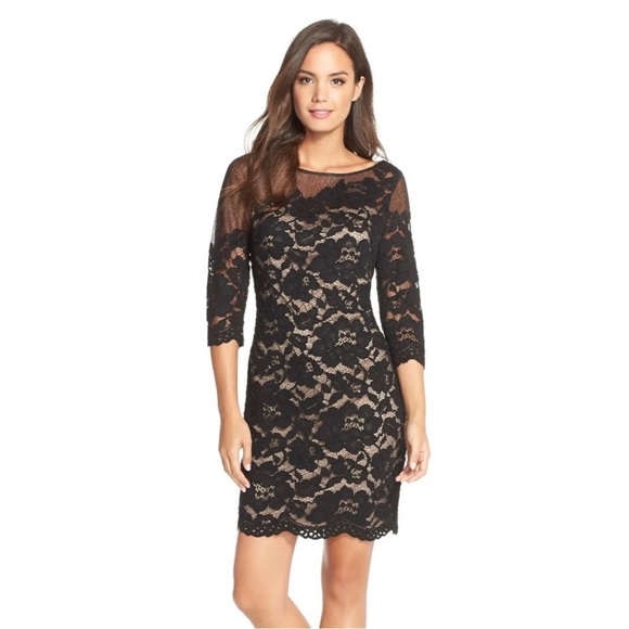 BHLDN Aidan Mattox Floral Lace Illusion Sheath Dress Mini Black Size 0 - Picture 1 of 10
